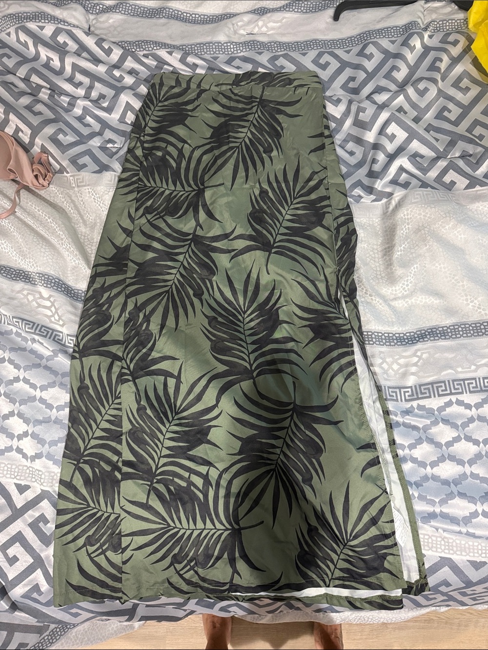 Olive Green Palm-Print Maxi Skirt